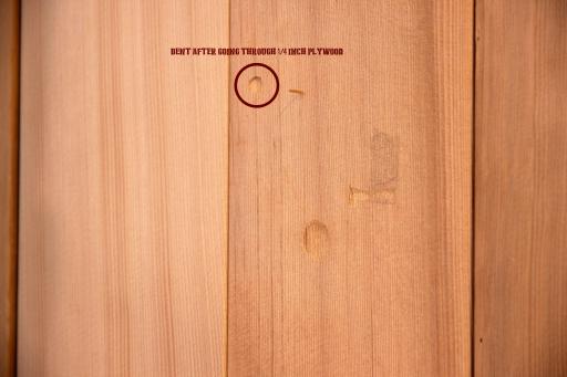A nerf dart made this hole in quarter inch plywood