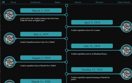 Timeline page of the Unmasking Nyarlathotep web app